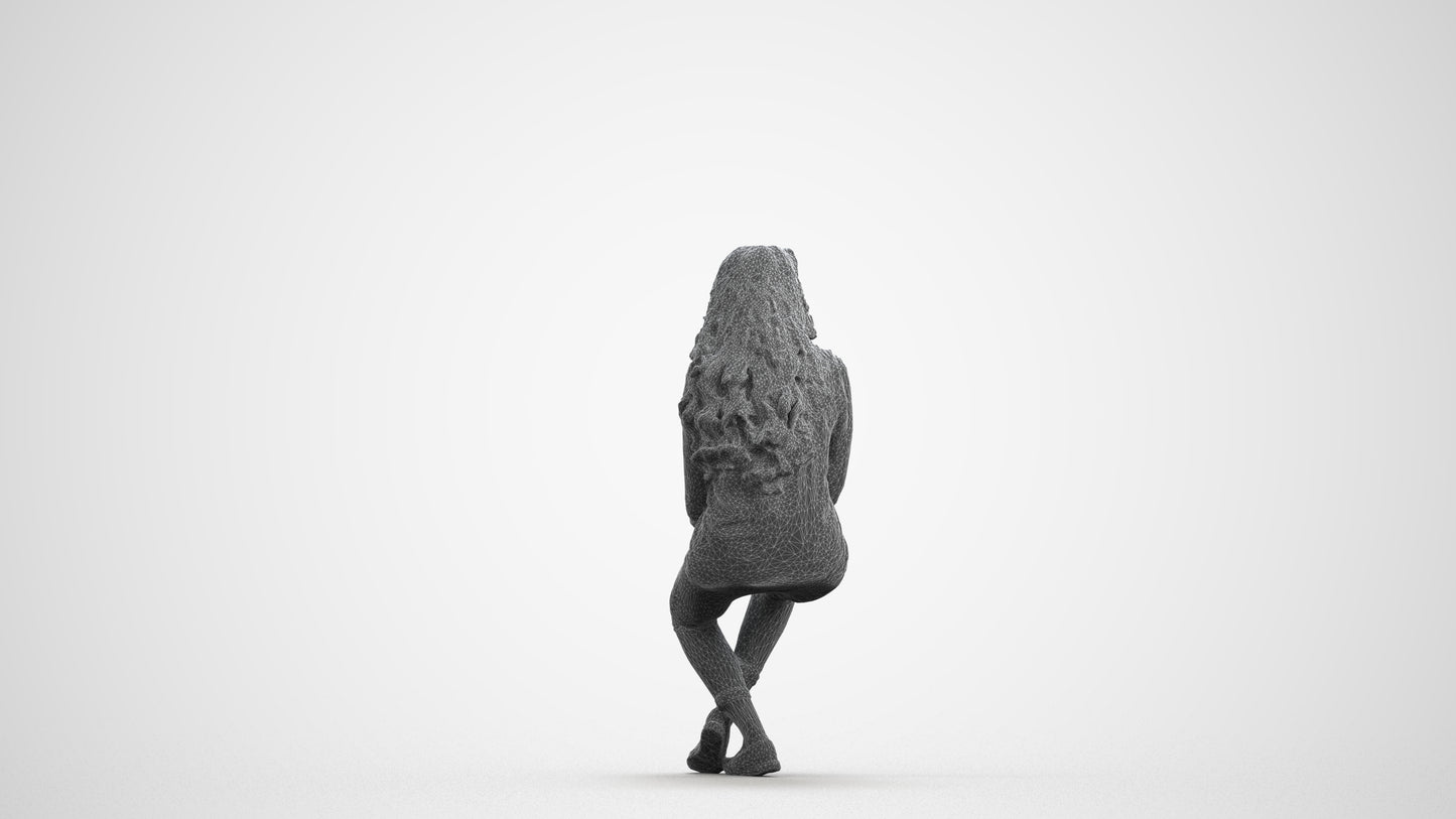 realistic 3D human woman casual sitting, archviz people FBX OBJ for Blender, wireframe front view