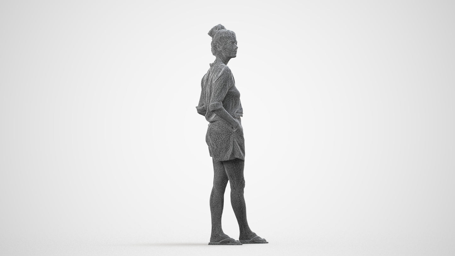 realistic 3D human woman casual standing, archviz people FBX OBJ for Blender, wireframe side view