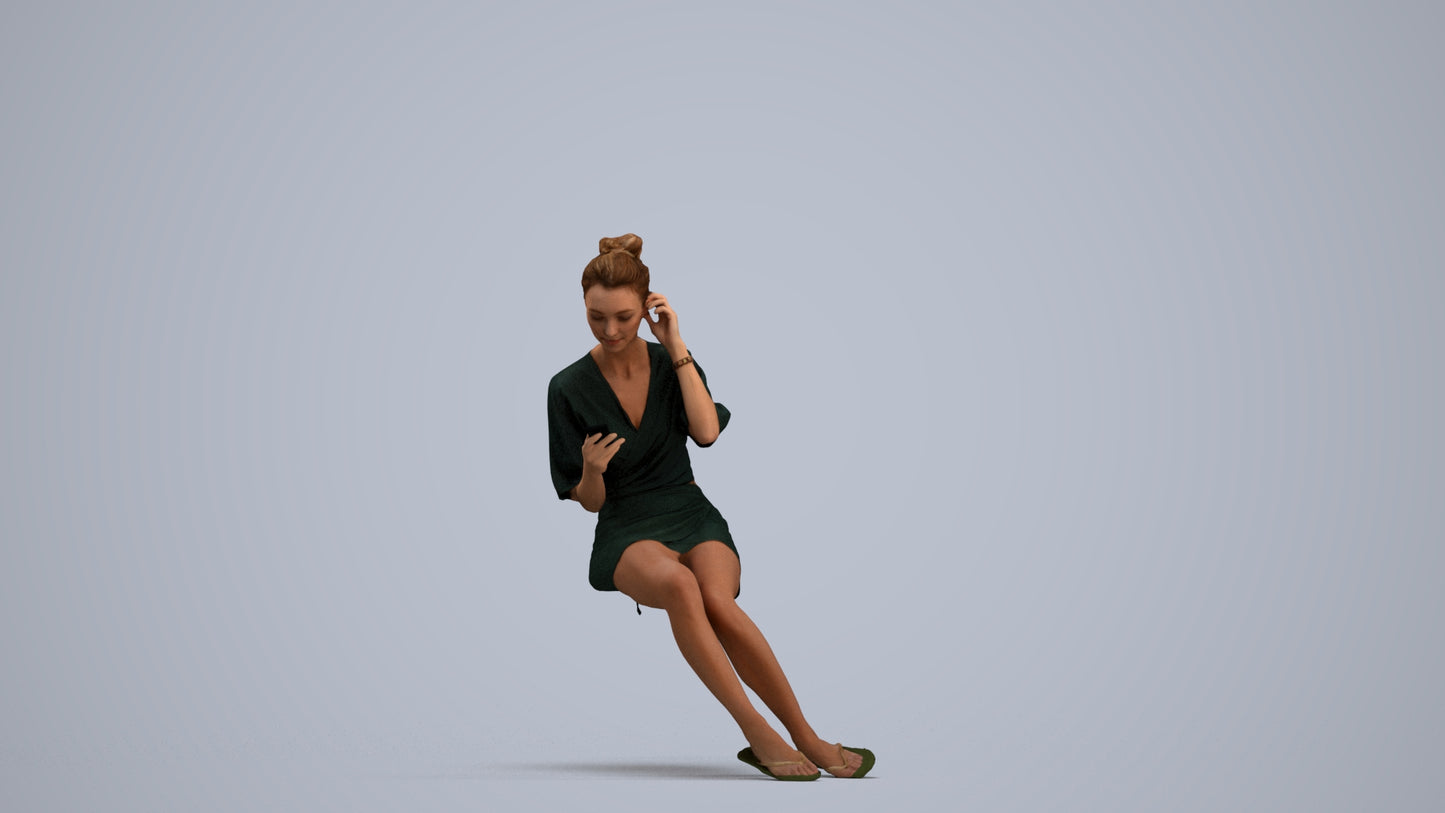 3D human model woman casual sitting, photogrammetry scanned person for archviz, standing pose render