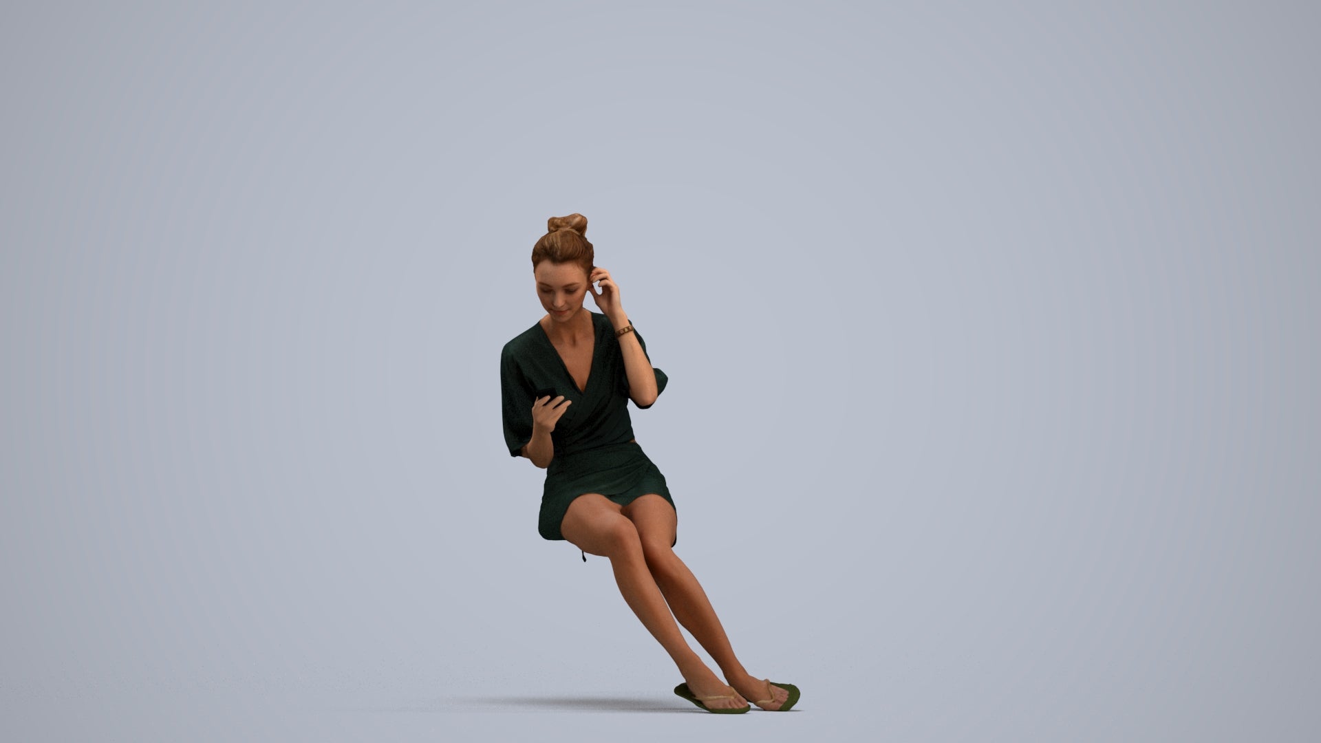 3D human model woman casual sitting, photogrammetry scanned person for archviz, standing pose render
