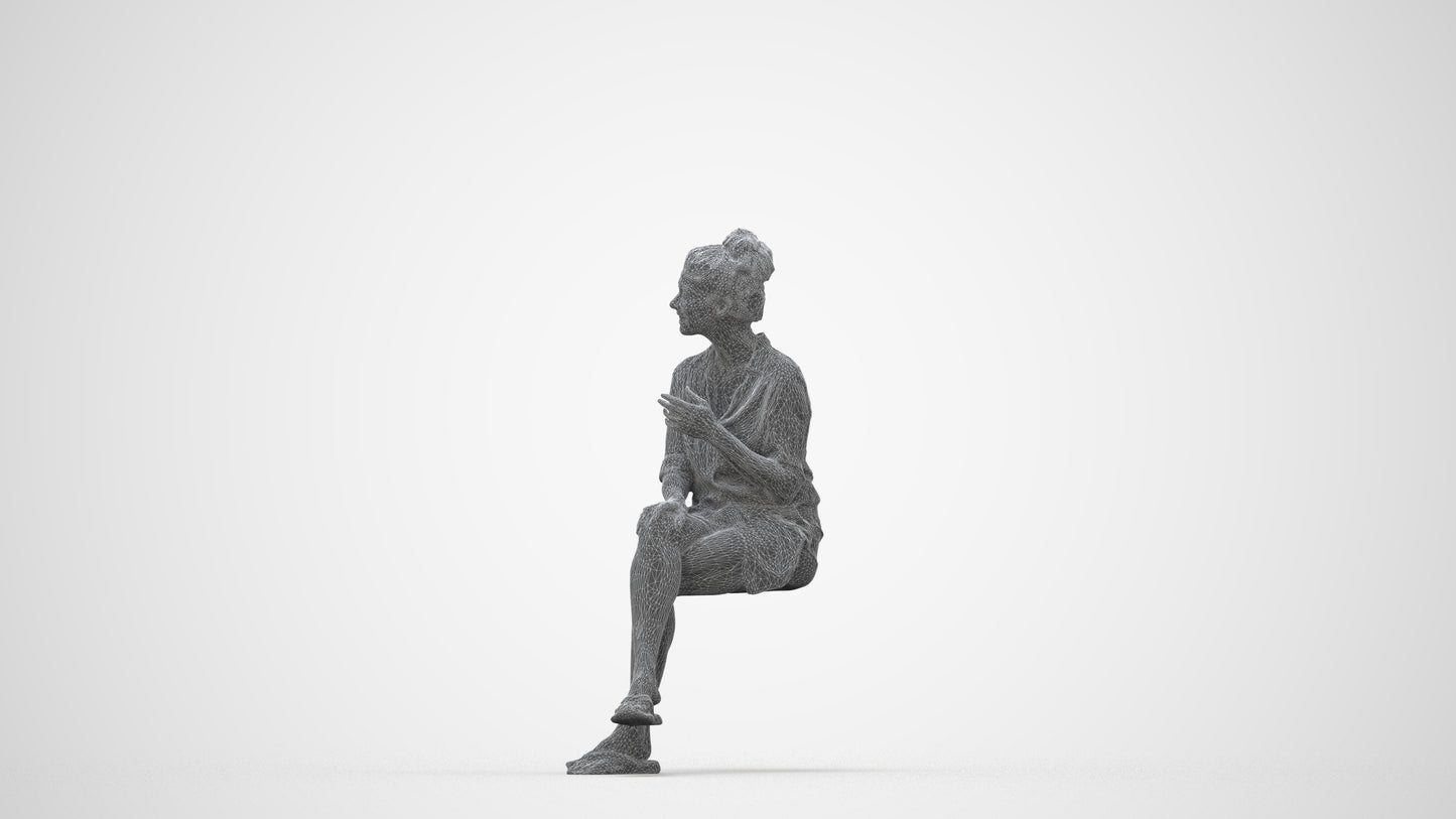 realistic 3D human woman business sitting, archviz people FBX OBJ for Blender, wireframe back view