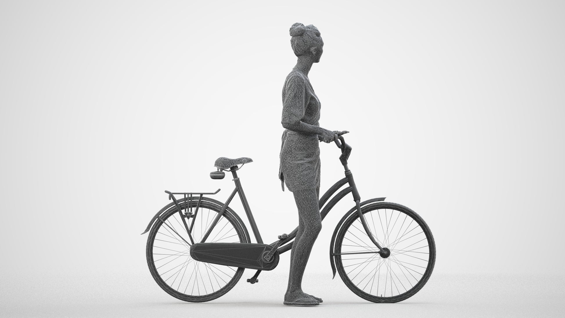 scanned 3D woman casual cycling, photogrammetry people for Enscape and V-Ray, wireframe side view