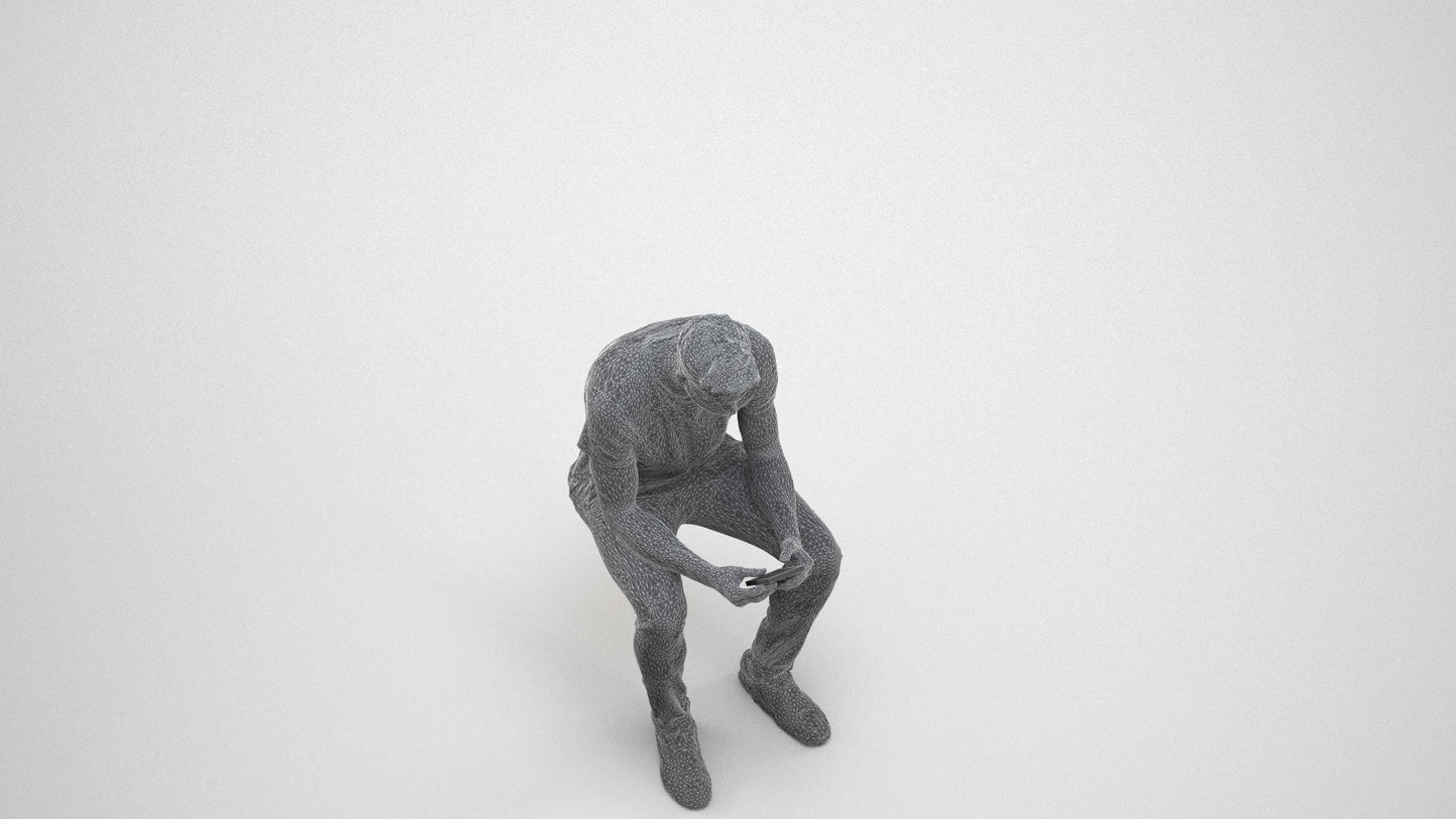 3D scanned man sitting casual, photorealistic archviz people for Enscape and SketchUp, wireframe three-quarter view