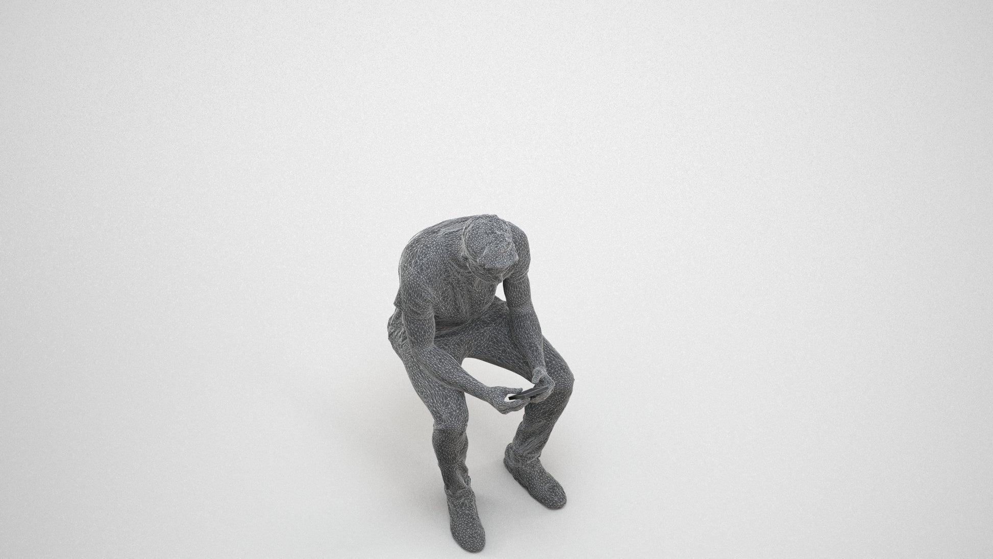 3D scanned man sitting casual, photorealistic archviz people for Enscape and SketchUp, wireframe three-quarter view