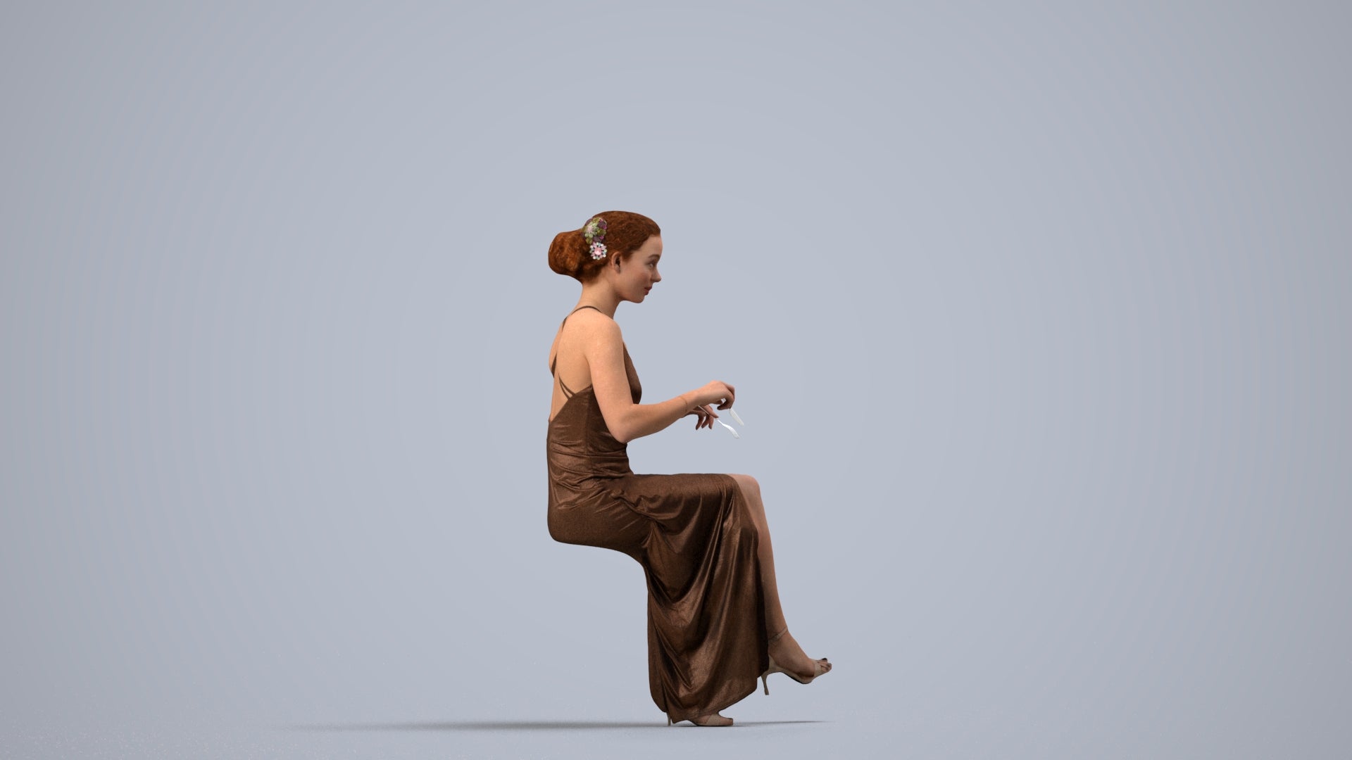 3D human model woman formal formalaffairs, photogrammetry scanned person for archviz, side view render