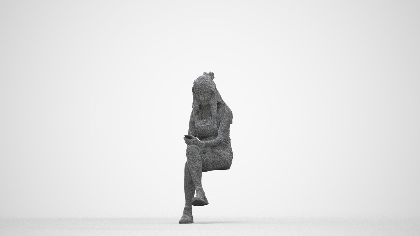 realistic 3D woman casual sitting, scanned archviz people for Blender and 3ds Max, wireframe back view