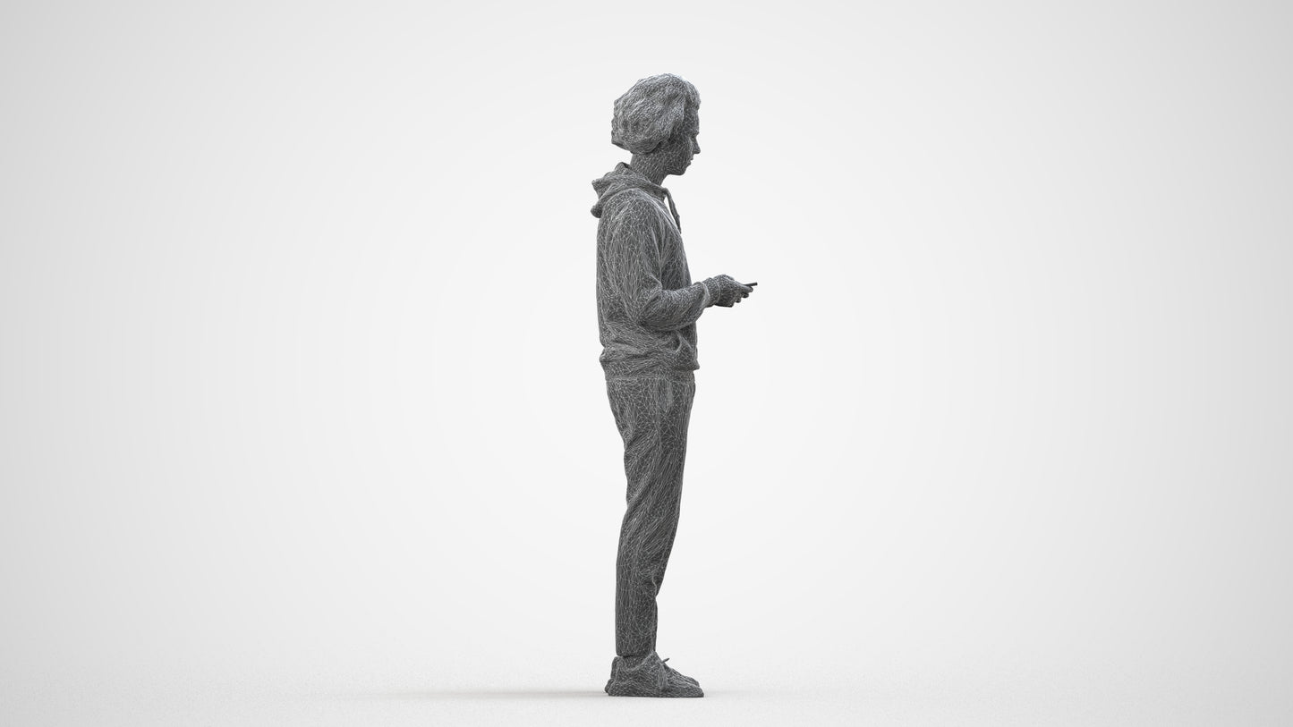 3D people model man casual standing, scanned human for 3ds Max rendering, wireframe side view