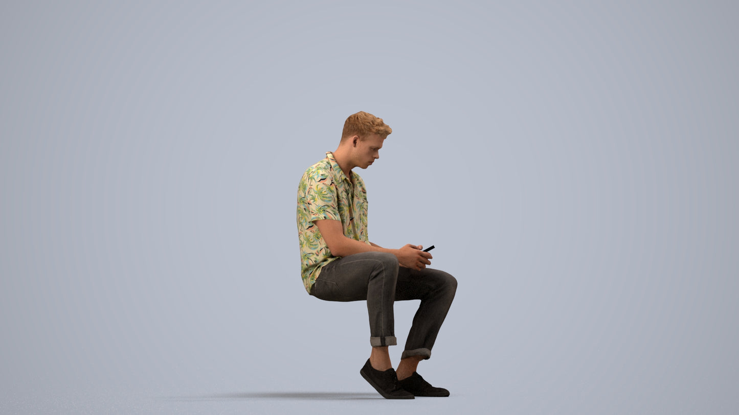 realistic 3D human man casual sitting, archviz people FBX OBJ for Blender, side view render