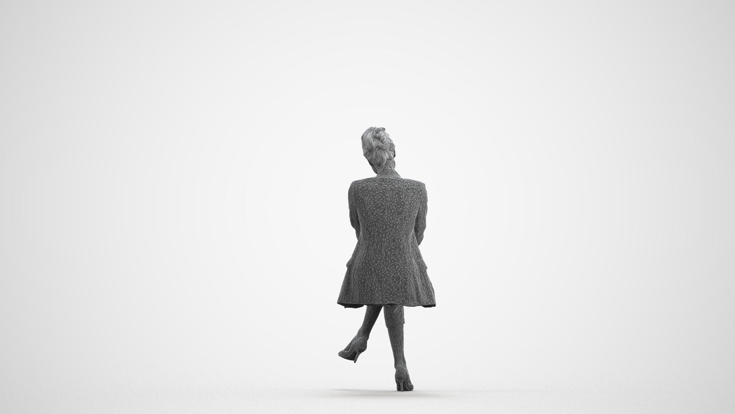 3D human model woman business sitting, photogrammetry scanned person for archviz, wireframe front view