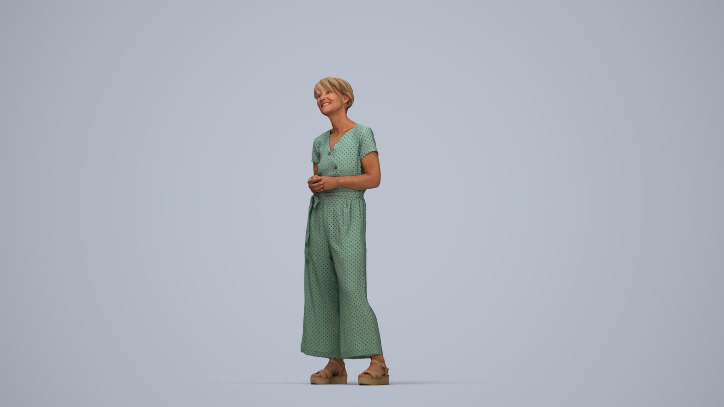 realistic 3D senior woman casual standing, scanned archviz people for Blender and 3ds Max, top-down view render