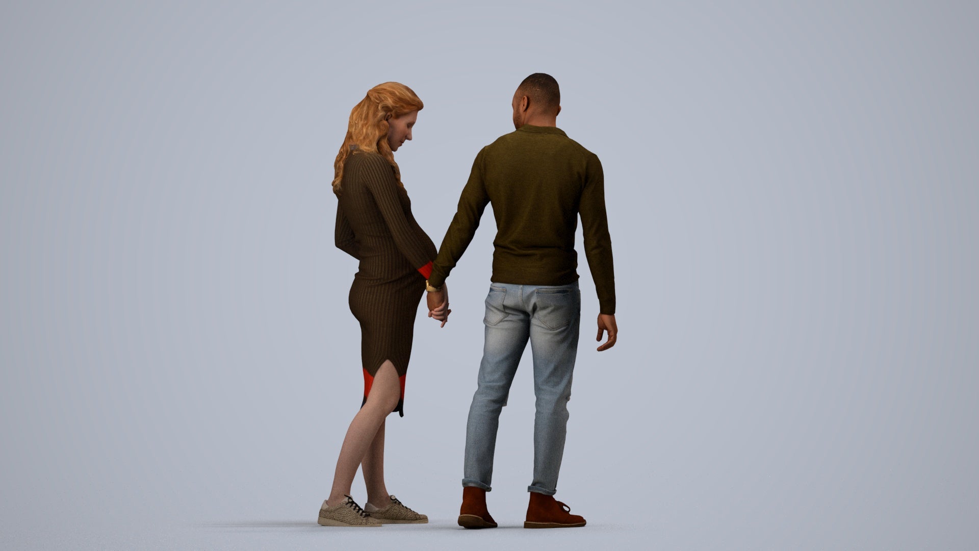 3D human model woman casual kids, photogrammetry scanned person for archviz, side view render