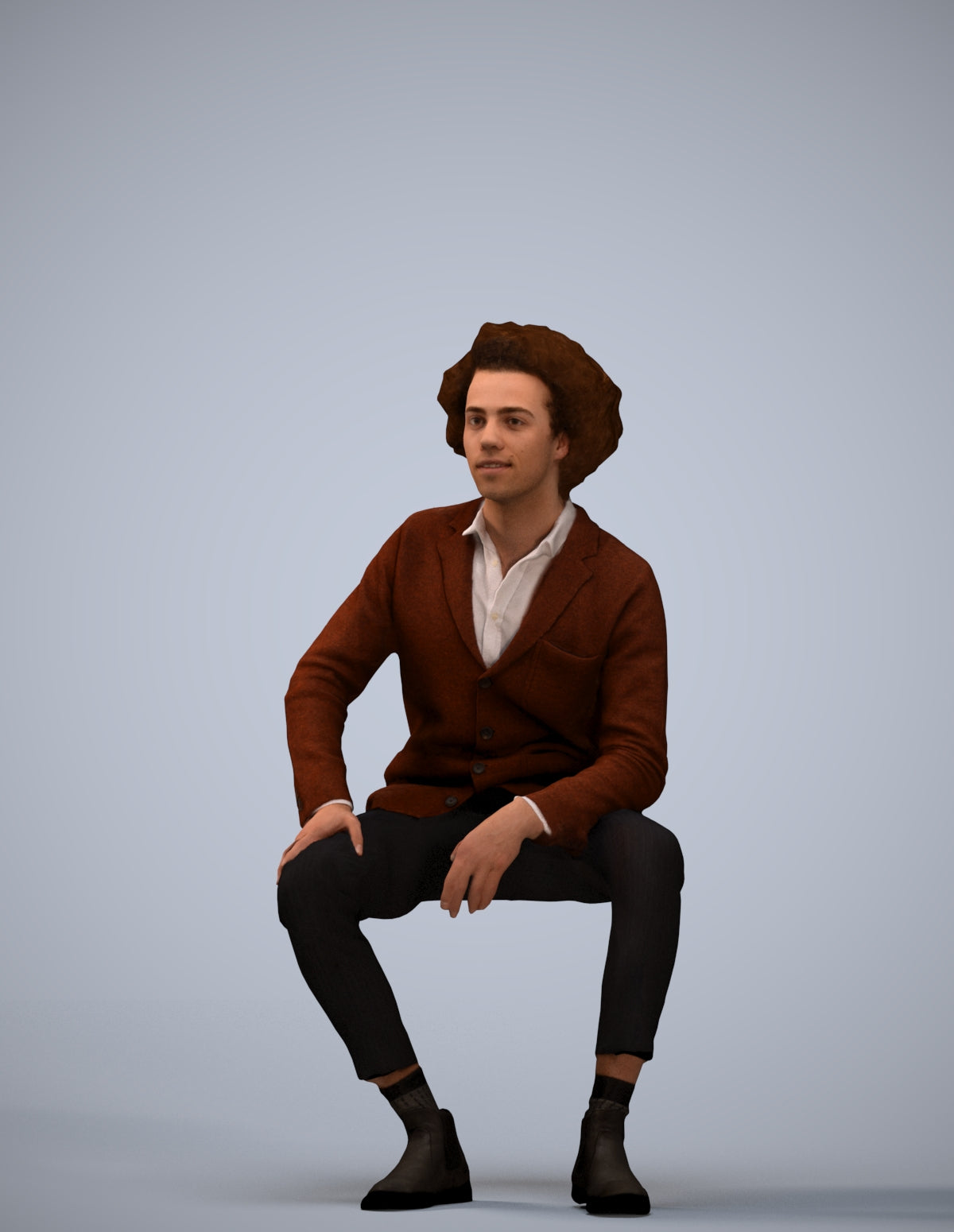 3D human model man business sitting, photogrammetry scanned person for archviz