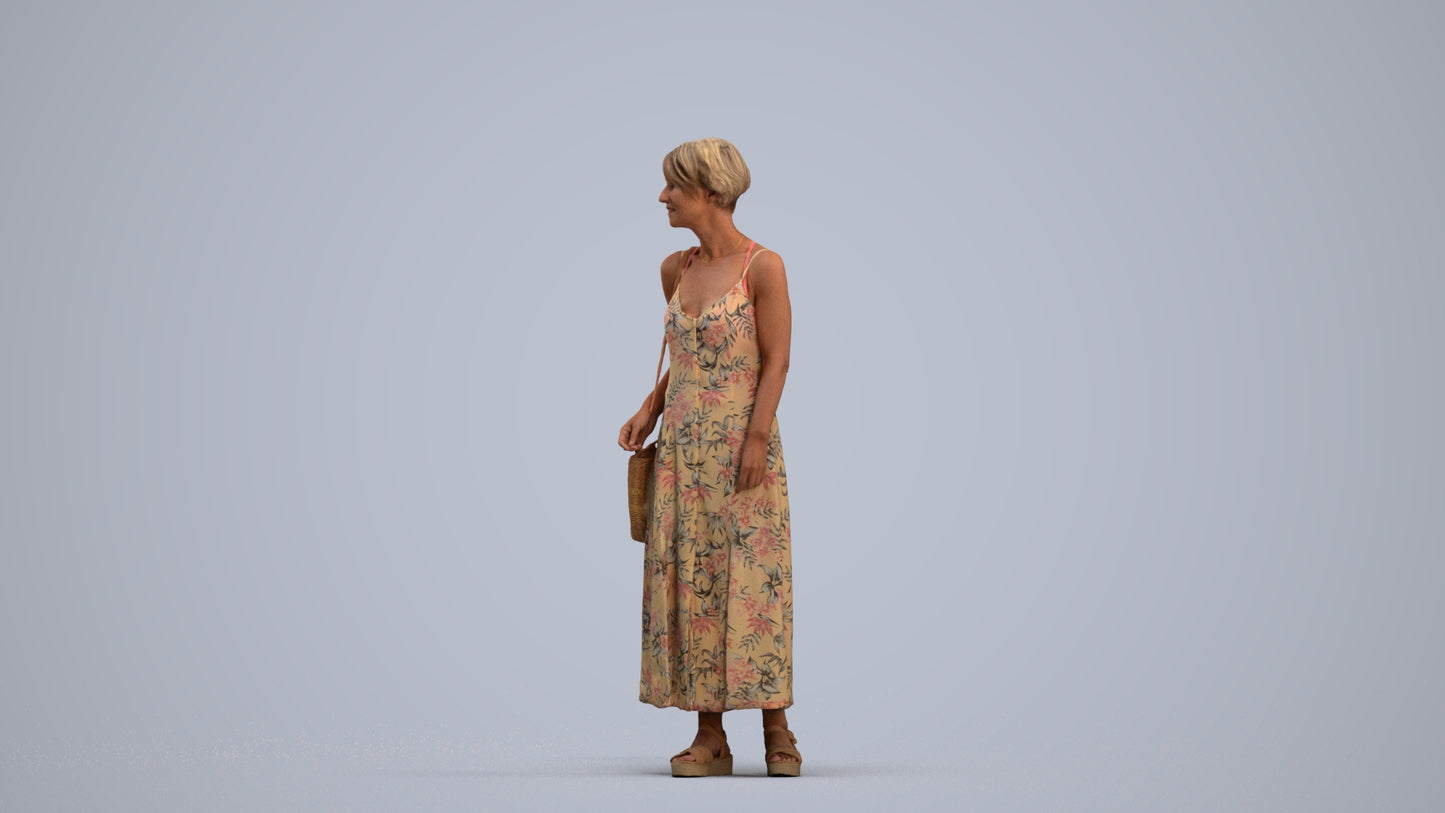 3D human model senior woman standing, photogrammetry scanned person for archviz, standing pose render