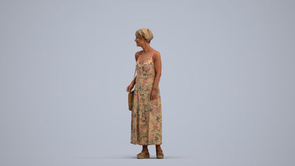 3D human model senior woman standing, photogrammetry scanned person for archviz, standing pose render