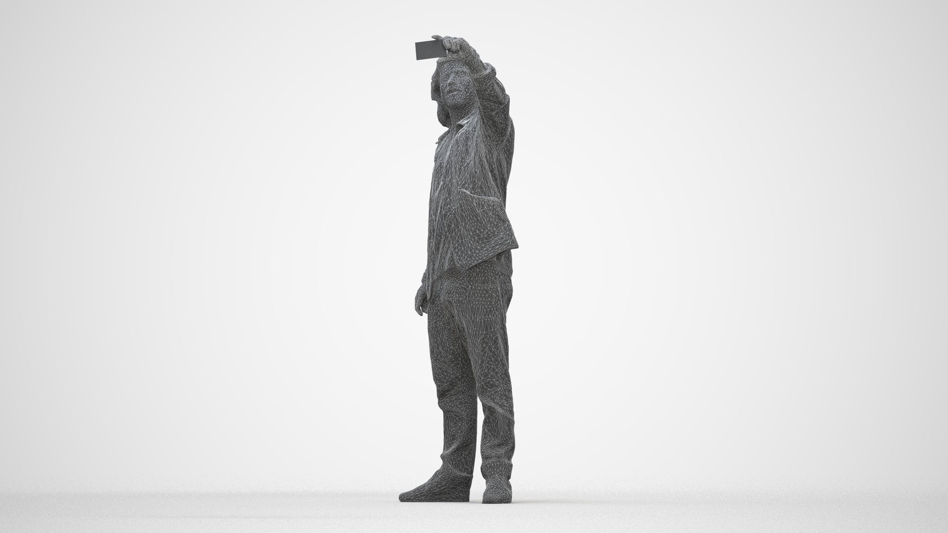 3D human model man casual standing, photogrammetry scanned person for archviz, wireframe back view