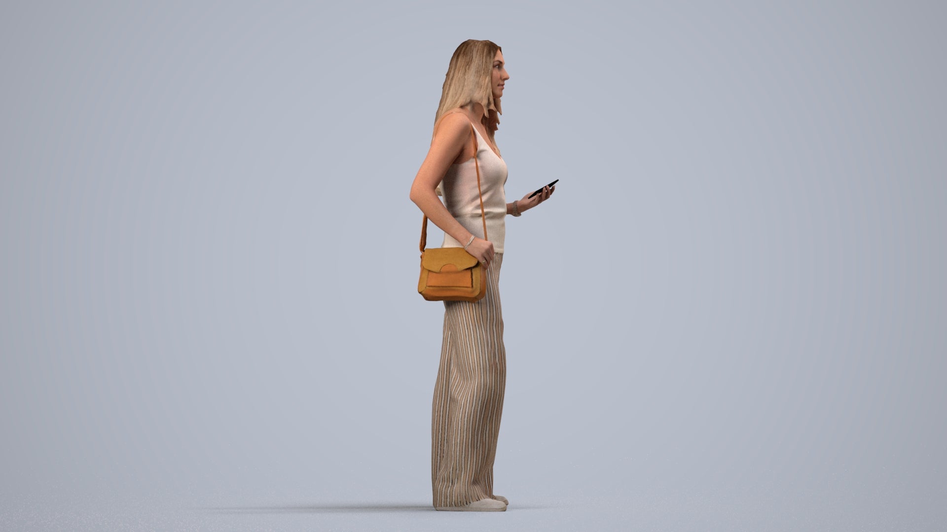 realistic 3D people woman casual standing, render-ready for V-Ray and Corona, FBX OBJ, side view render