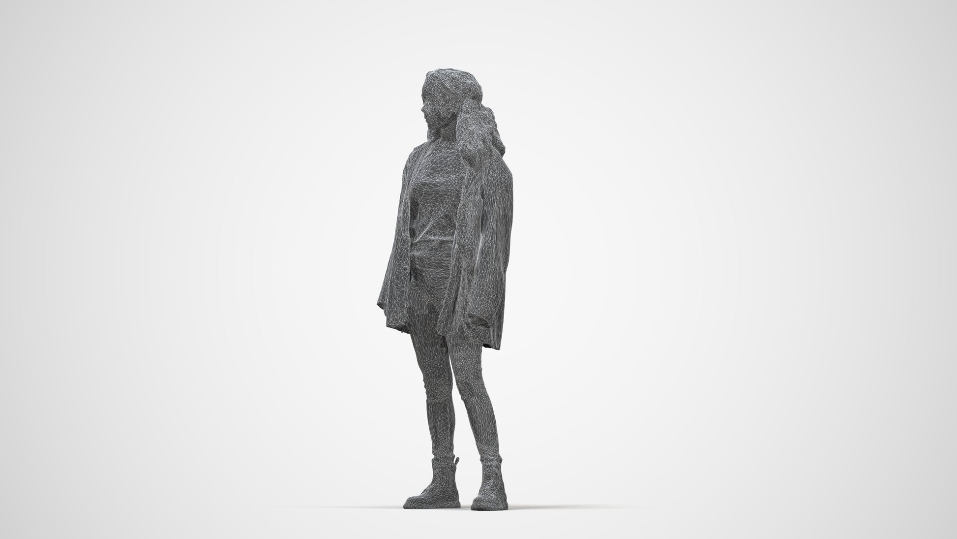 realistic 3D human woman casual standing, archviz people FBX OBJ for Blender, wireframe back view