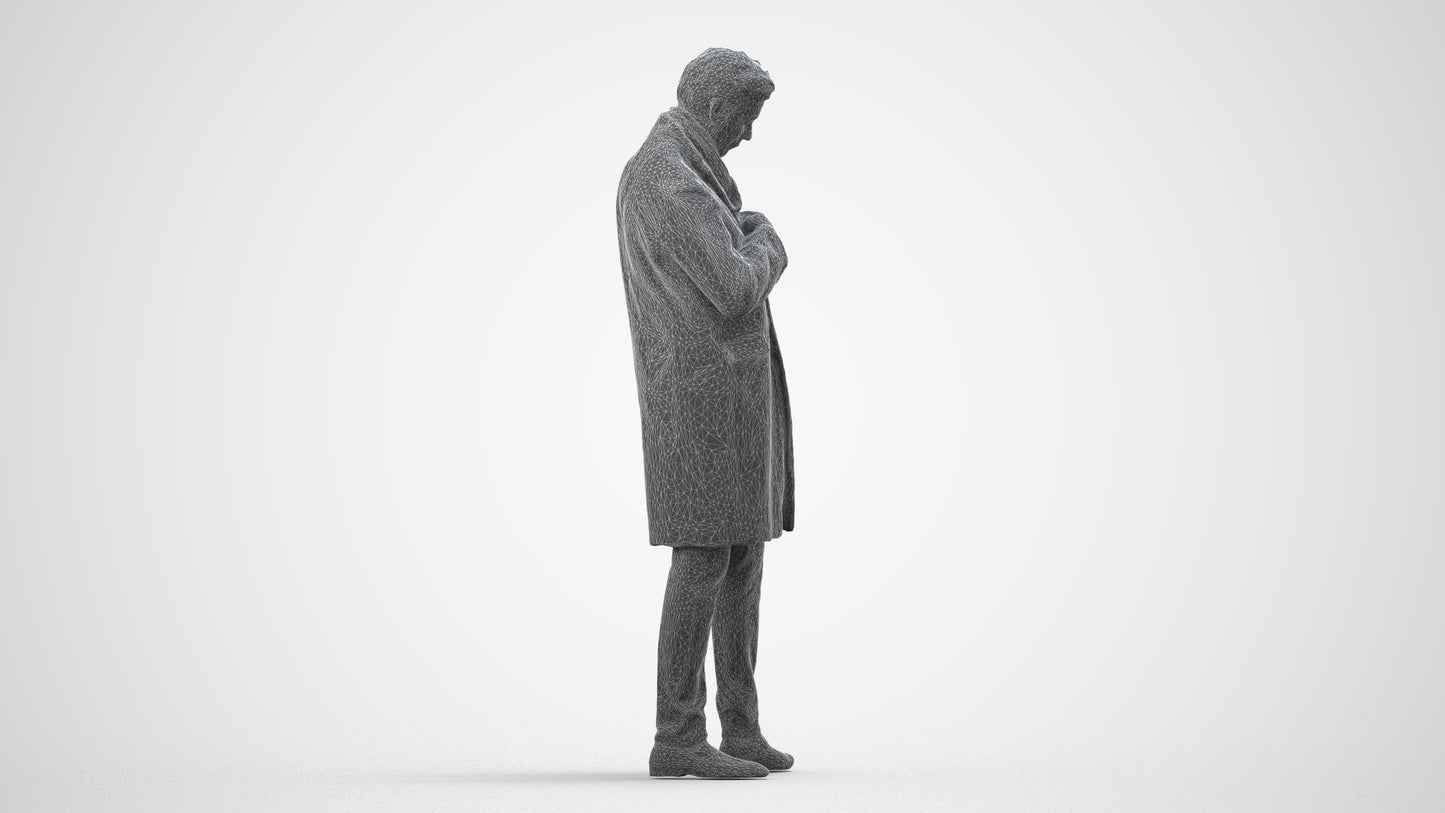 3D human model man standing, photogrammetry scanned person for archviz, wireframe side view