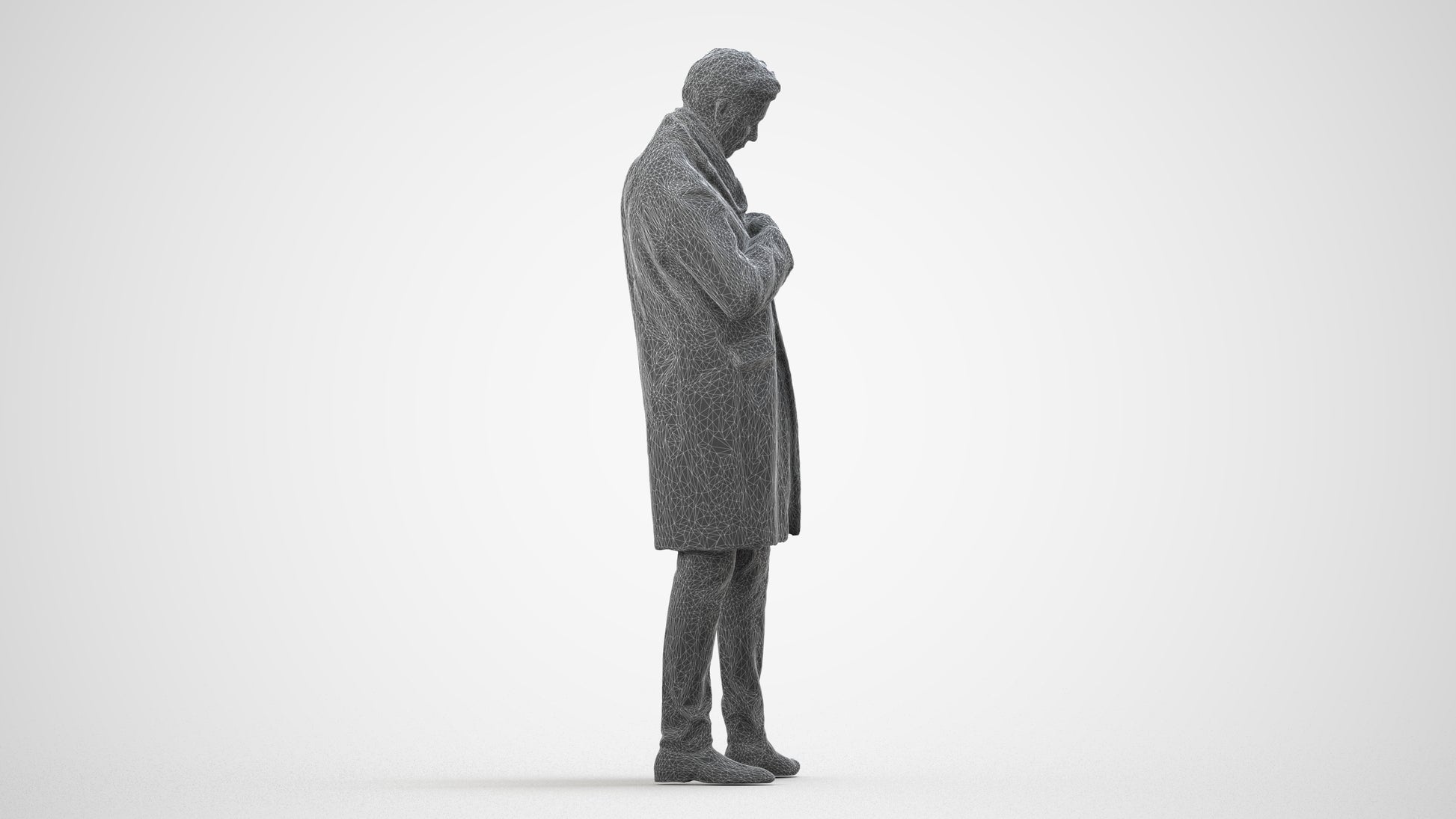 3D human model man standing, photogrammetry scanned person for archviz, wireframe side view