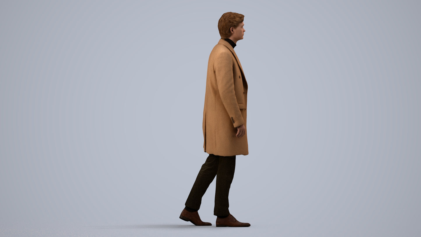 photogrammetry 3D man business walking, realistic human model archviz FBX, side view render