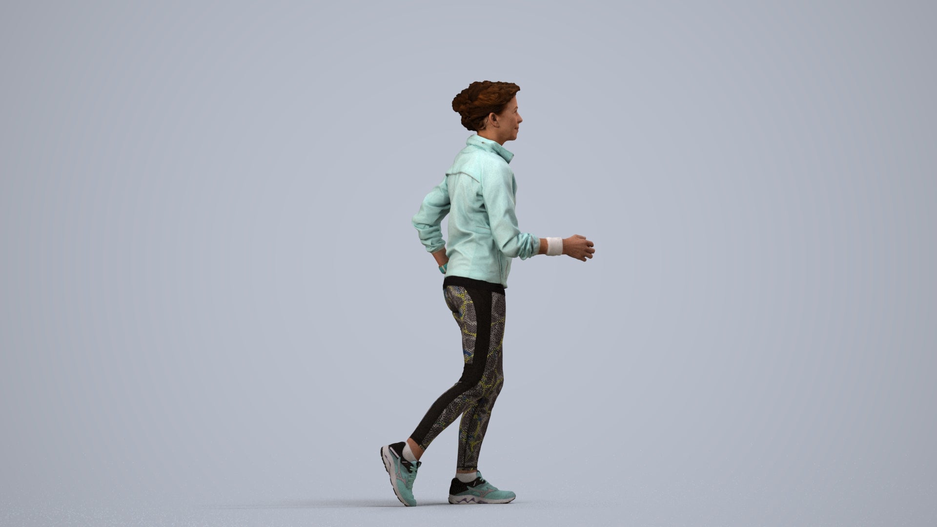 3D human model woman sport, photogrammetry scanned person for archviz, side view render
