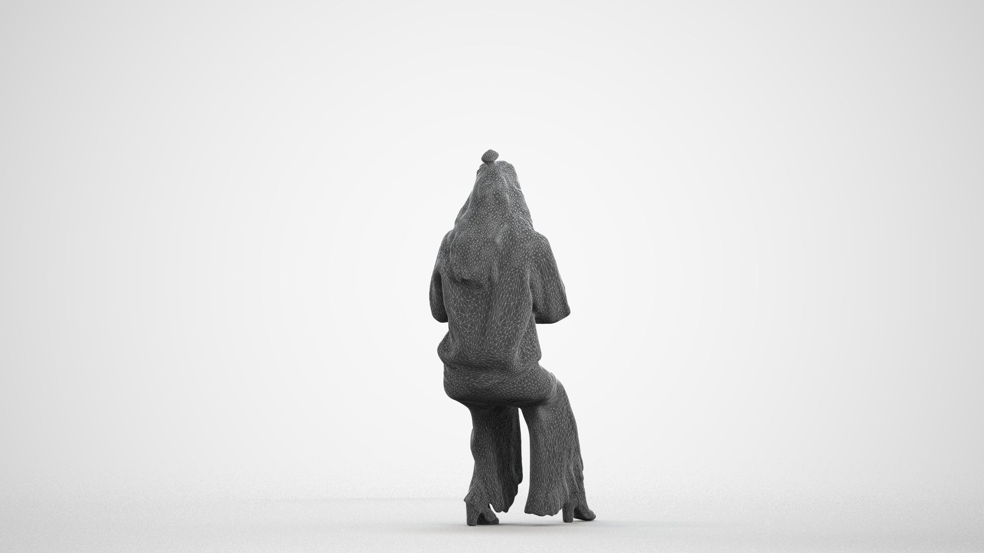 realistic 3D woman casual sitting, scanned archviz people for Blender and 3ds Max, wireframe front view