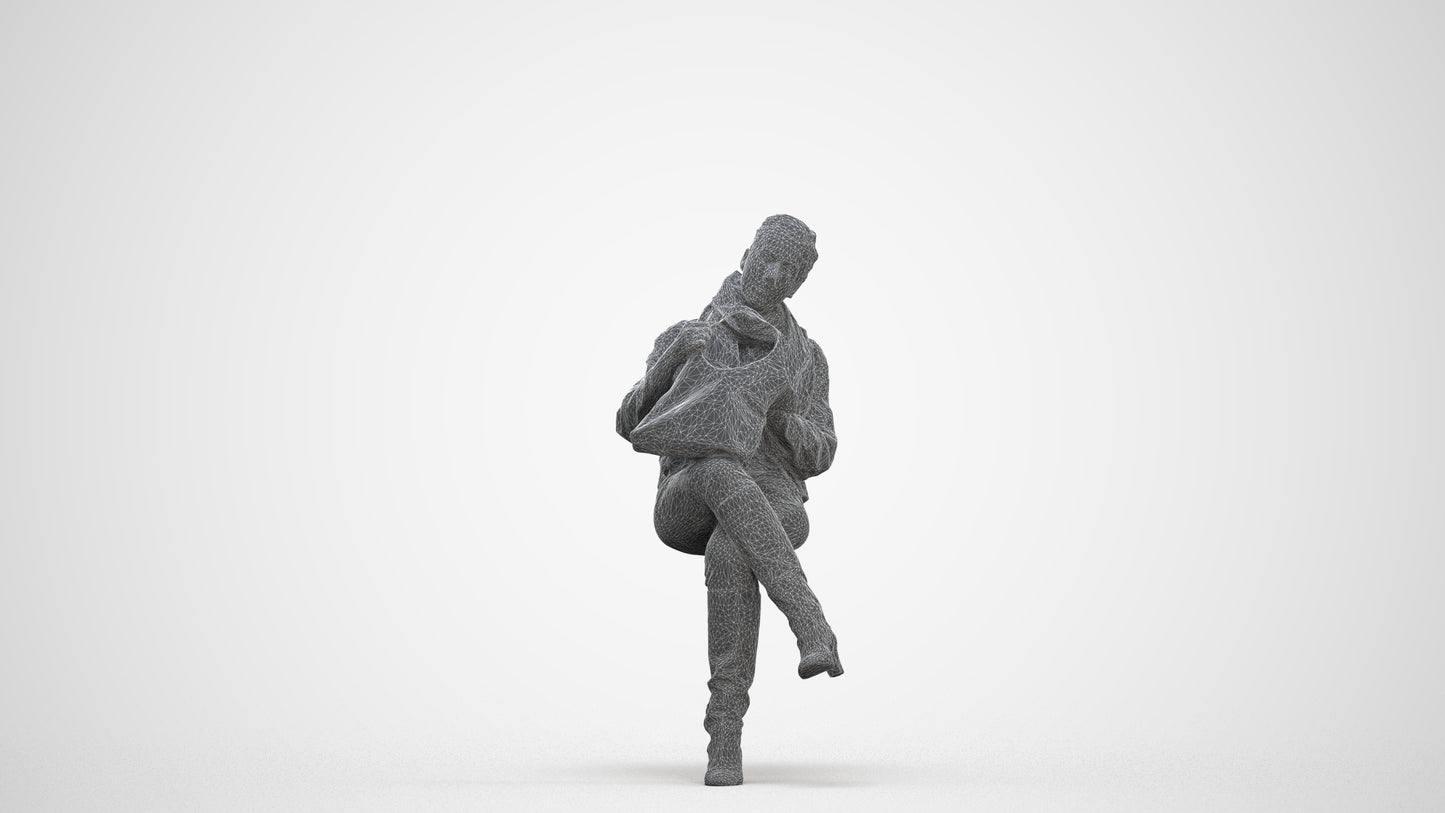realistic 3D human woman casual sitting, archviz people FBX OBJ for Blender, three-quarter front view render