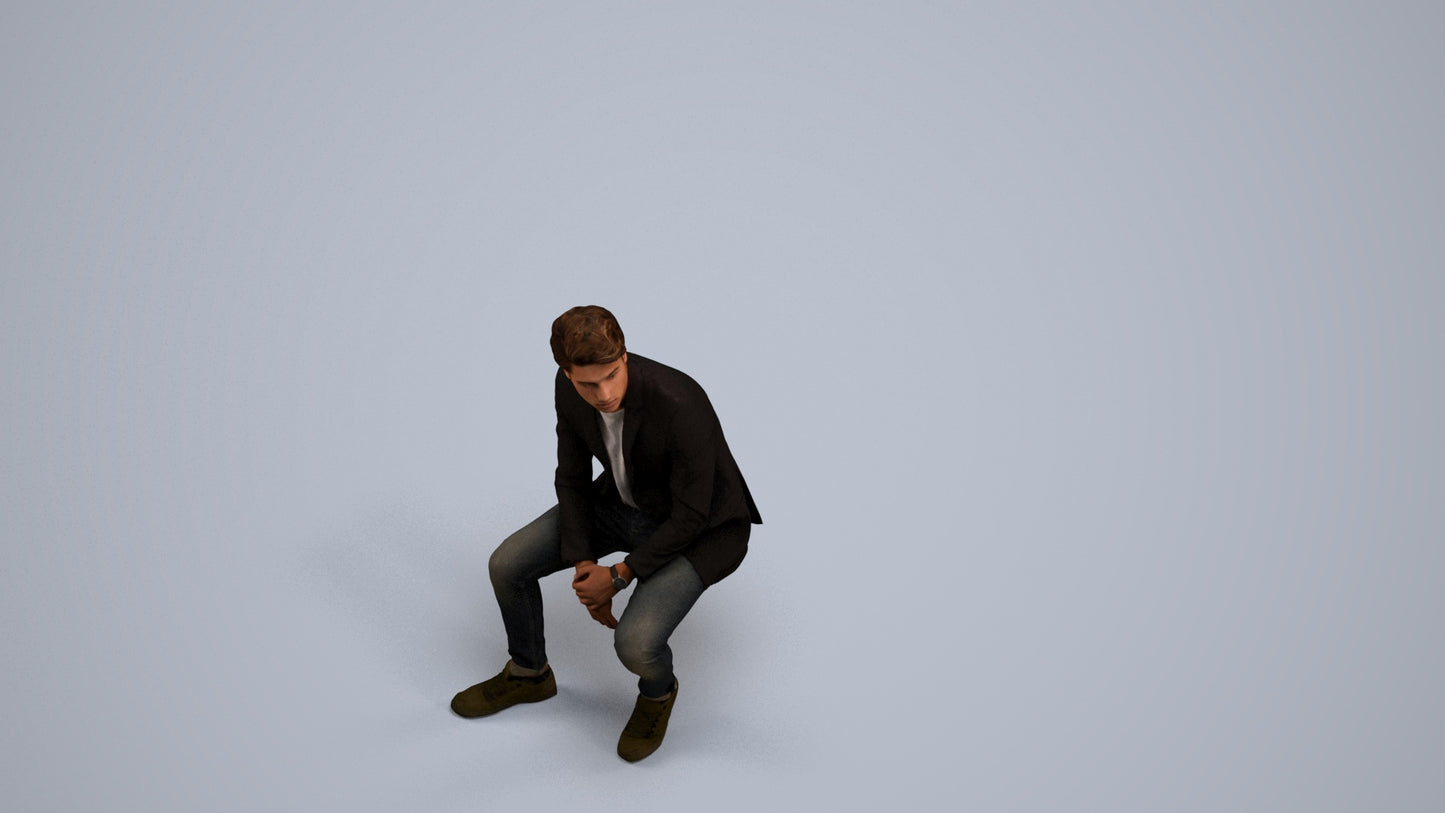 3D people model man casual sitting, scanned human for 3ds Max rendering, back view render