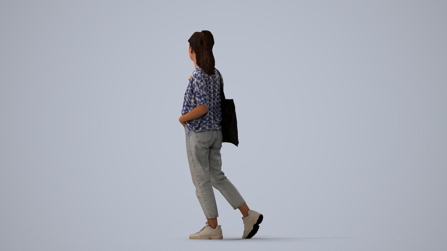 realistic 3D woman casual walking, scanned archviz people for Blender and 3ds Max, three-quarter view render