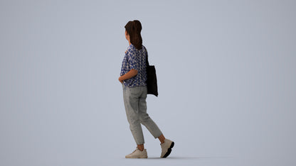 realistic 3D woman casual walking, scanned archviz people for Blender and 3ds Max, three-quarter view render
