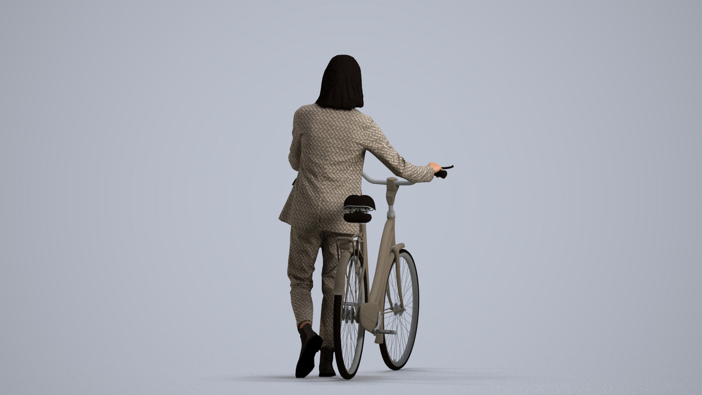 realistic 3D woman business cycling, scanned archviz people for Blender and 3ds Max, front view render