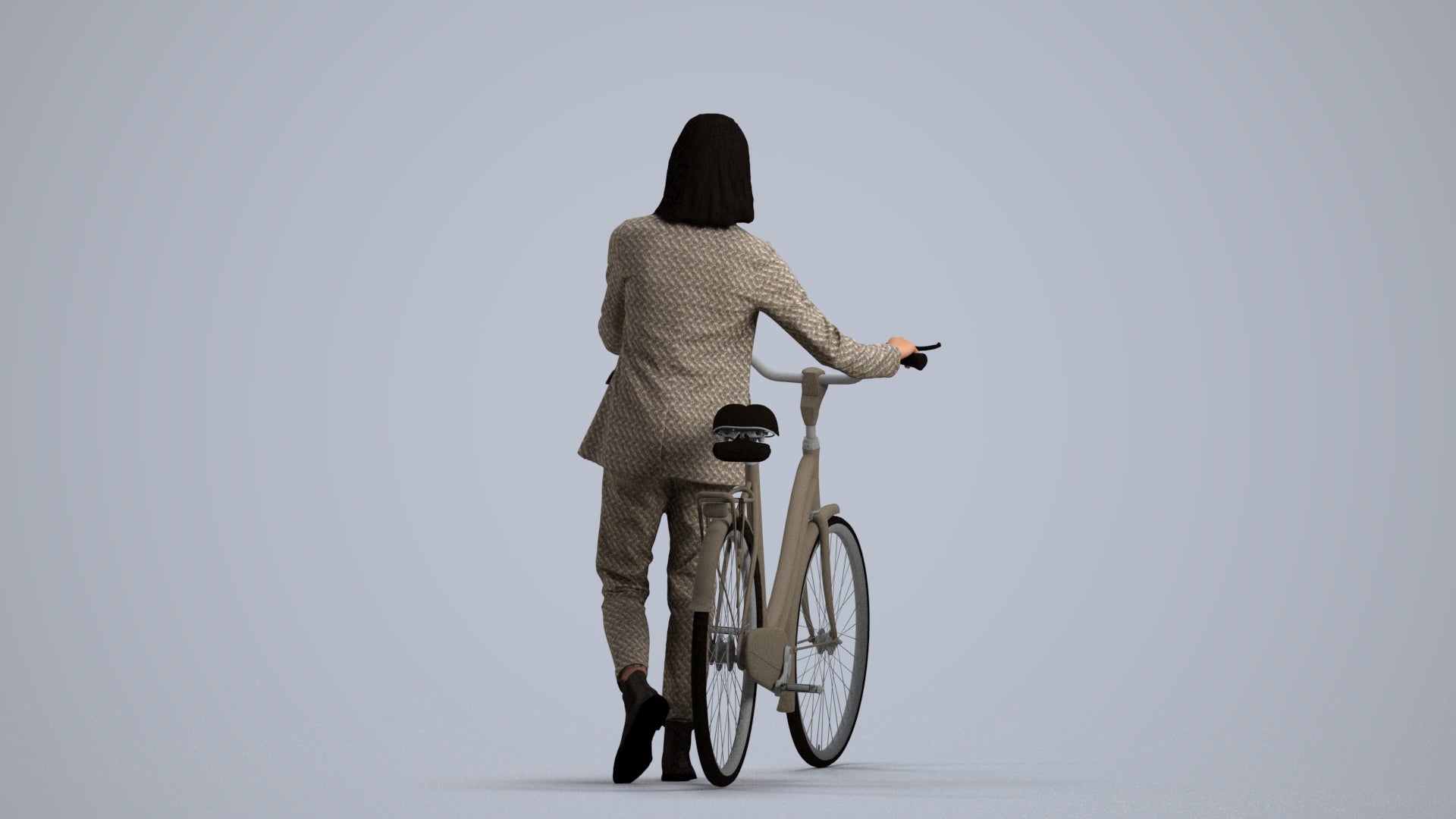 realistic 3D woman business cycling, scanned archviz people for Blender and 3ds Max, front view render