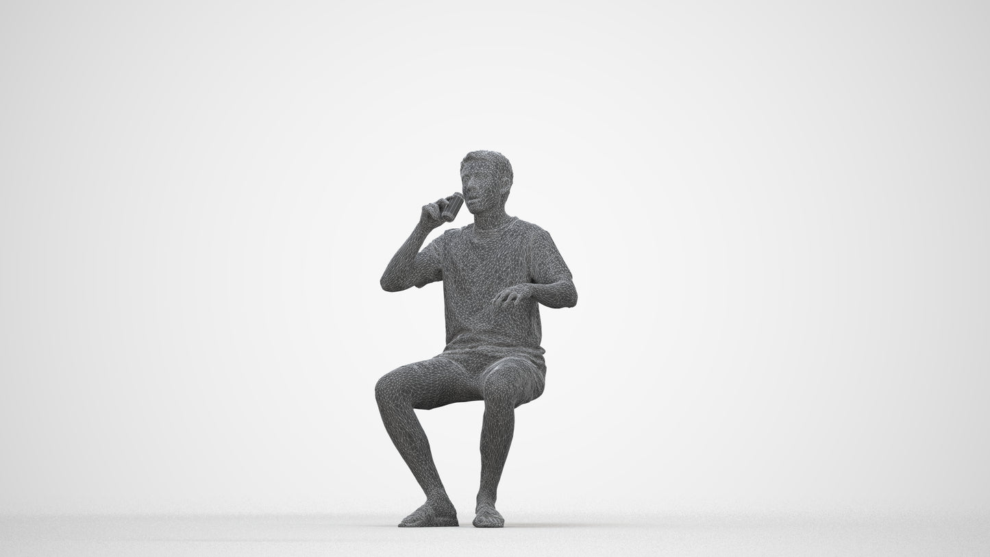 3D scanned man sitting casual, photorealistic archviz people for Enscape and SketchUp, wireframe back view