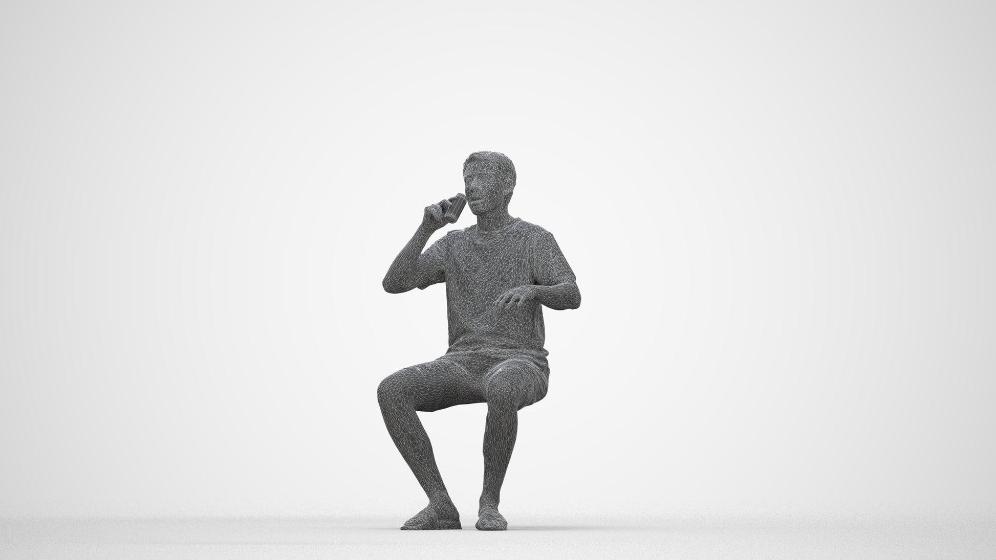 3D scanned man sitting casual, photorealistic archviz people for Enscape and SketchUp, wireframe back view
