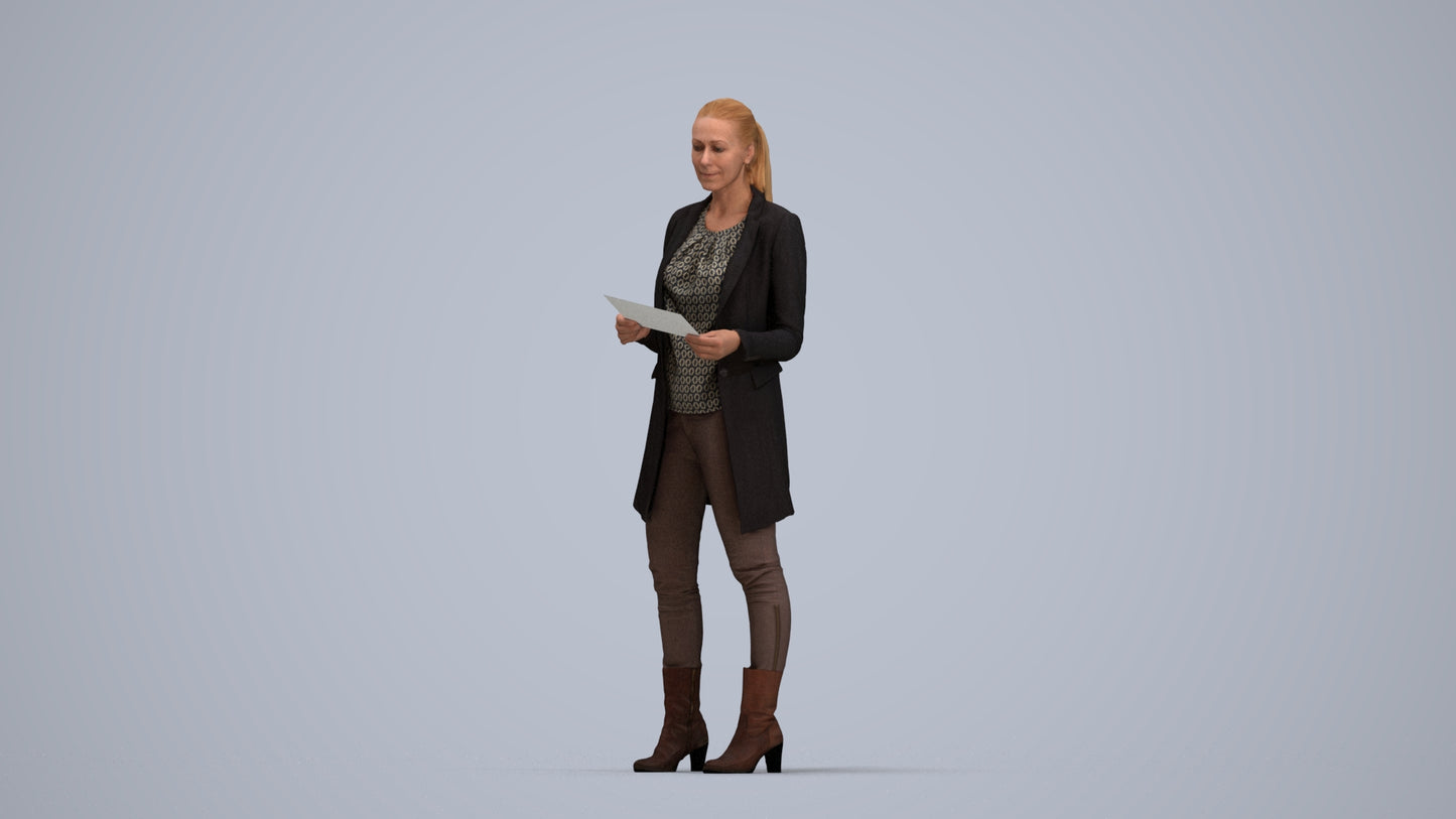 scanned 3D woman business standing, photogrammetry people for Enscape and V-Ray, top-down view render