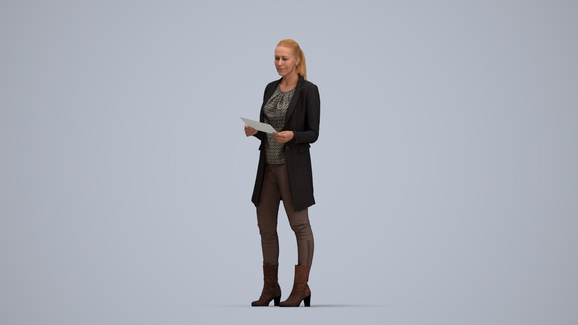 scanned 3D woman business standing, photogrammetry people for Enscape and V-Ray, top-down view render
