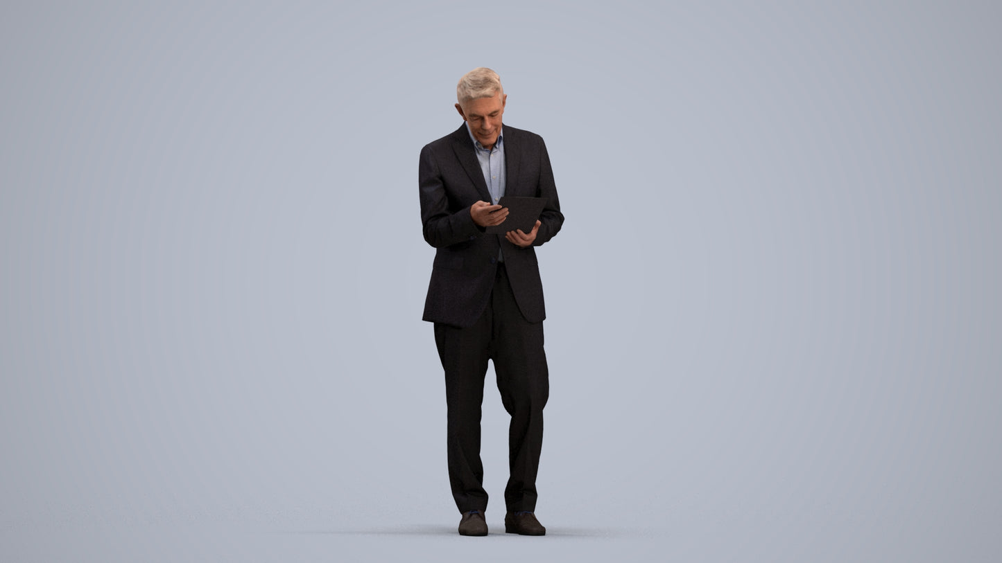 3D scanned senior man business, photorealistic archviz people for Enscape and SketchUp, standing pose render