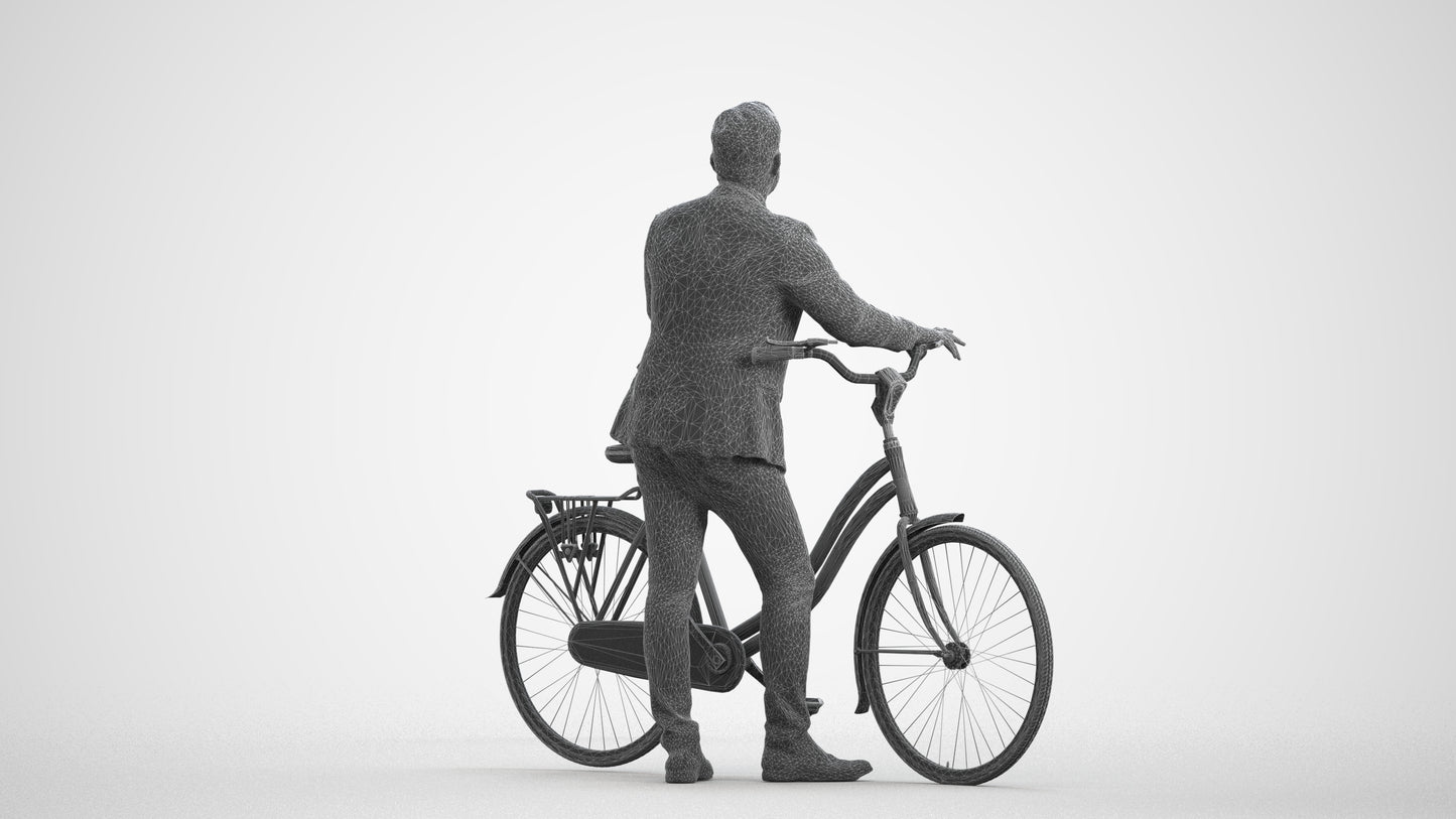 photogrammetry 3D man business cycling, realistic human model archviz FBX, wireframe front view