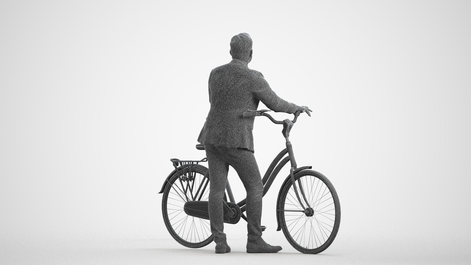 photogrammetry 3D man business cycling, realistic human model archviz FBX, wireframe front view