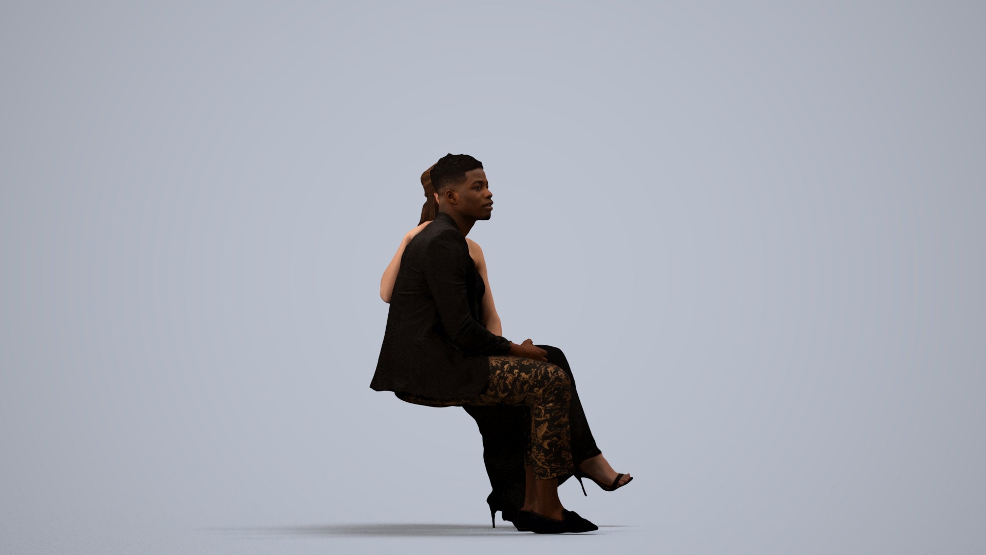 3D people model woman formal couple, scanned human for 3ds Max rendering, side view render