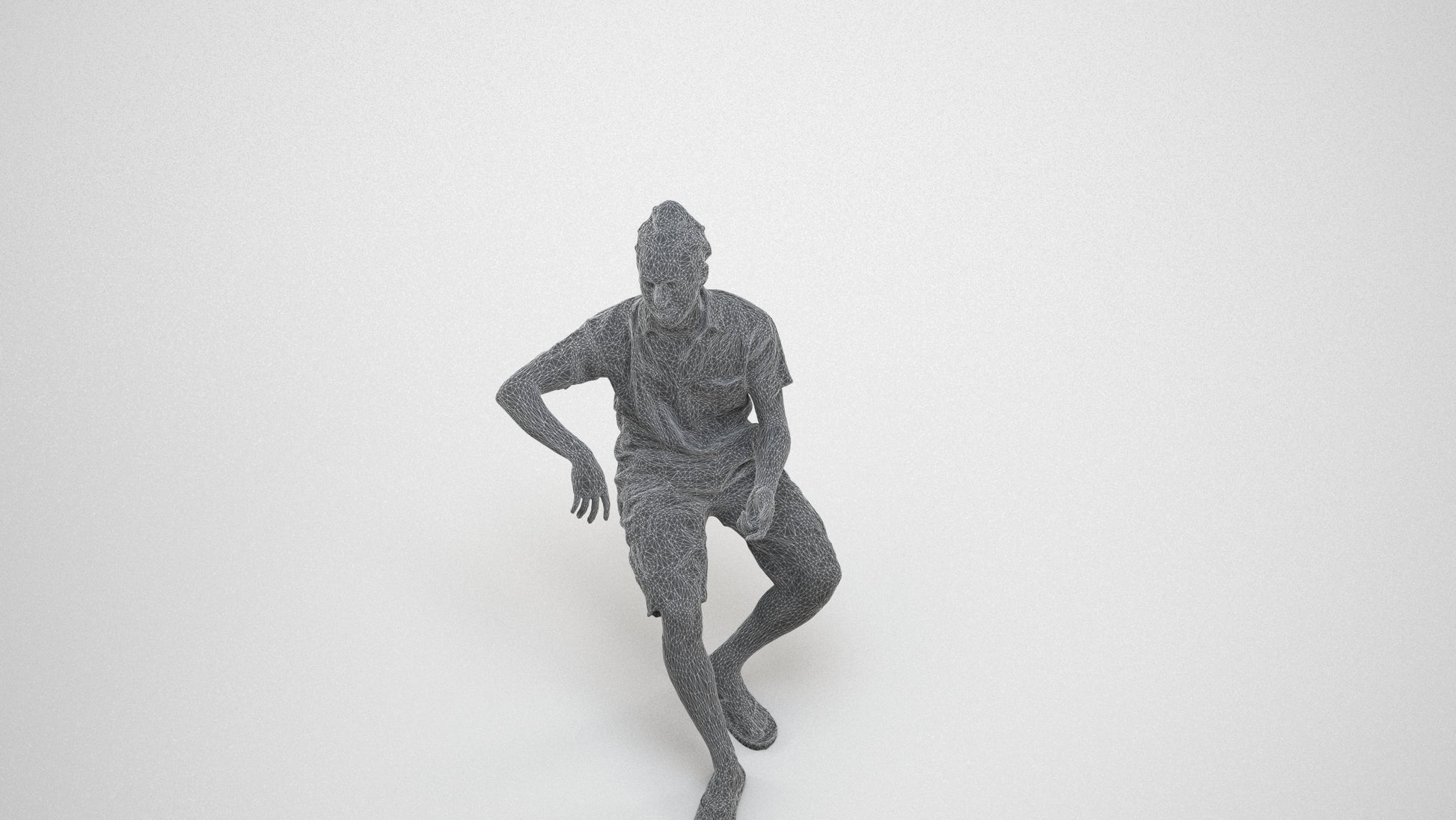 3D people model man casual sitting, scanned human for 3ds Max rendering, wireframe three-quarter view