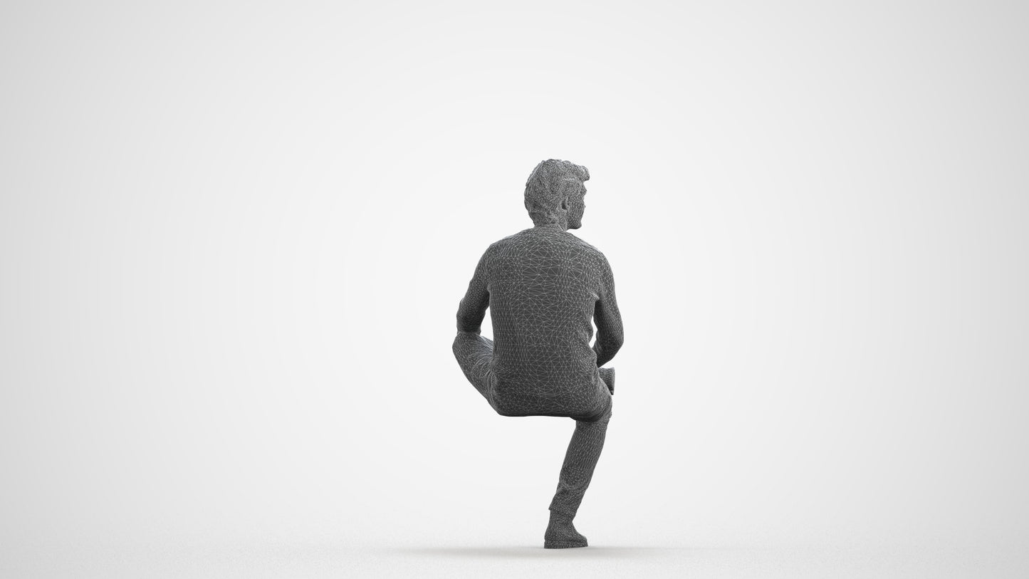 3D people model man casual sitting, scanned human for 3ds Max rendering, wireframe front view
