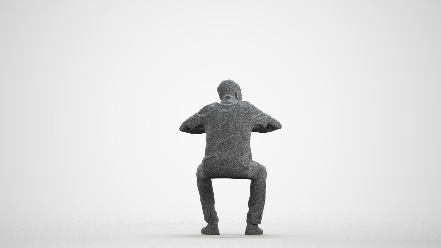3D people model senior man casual sitting, scanned human for 3ds Max rendering, wireframe front view