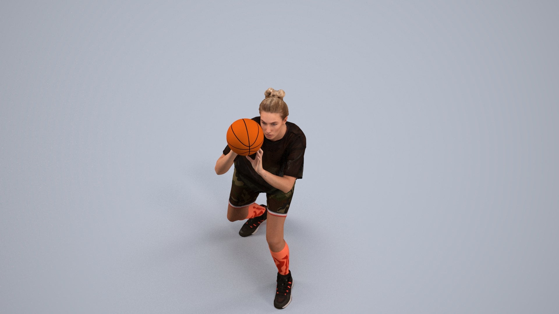 3D human model woman sport, photogrammetry scanned person for archviz, back view render