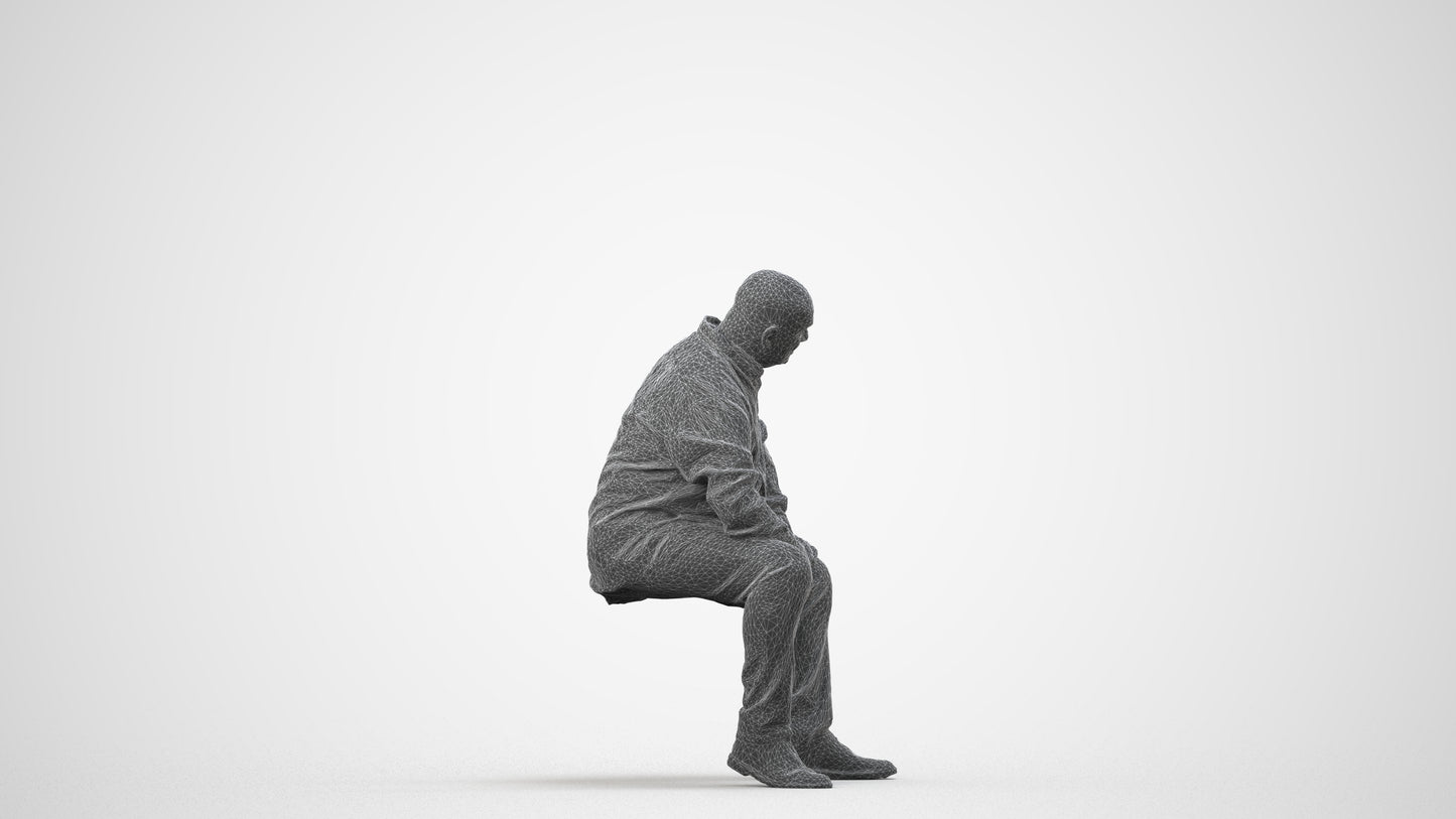realistic 3D people senior man casual sitting, render-ready for V-Ray and Corona, FBX OBJ, wireframe side view