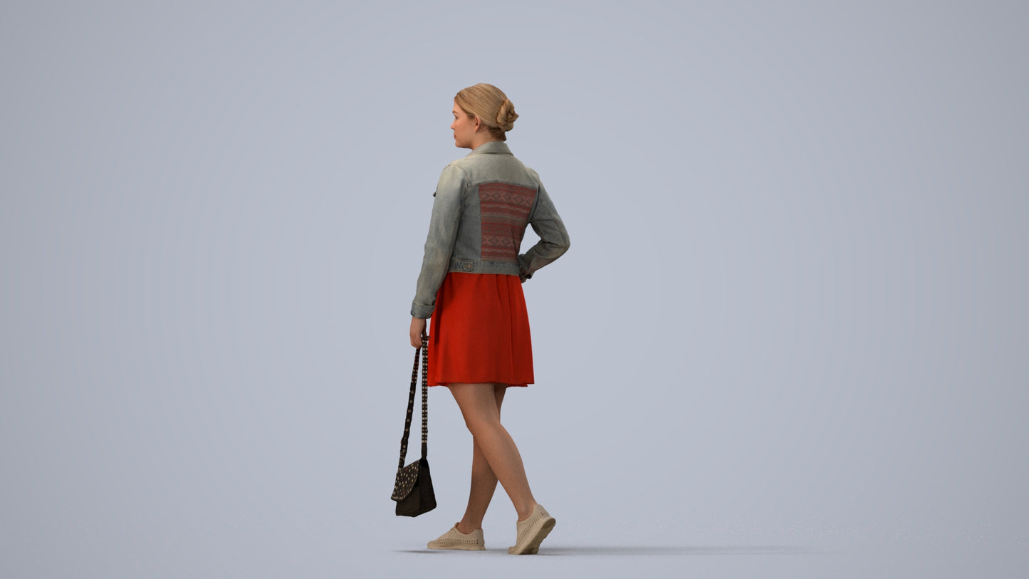 3D human model woman casual walking, photogrammetry scanned person for archviz, three-quarter view render
