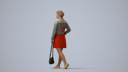 3D human model woman casual walking, photogrammetry scanned person for archviz, three-quarter view render
