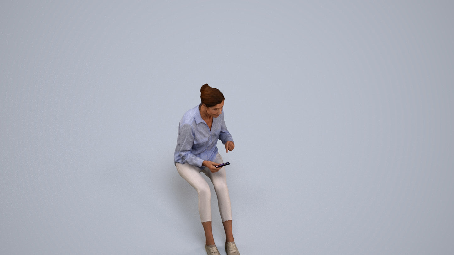 3D scanned senior woman sitting casual, photorealistic archviz people for Enscape and SketchUp, back view render