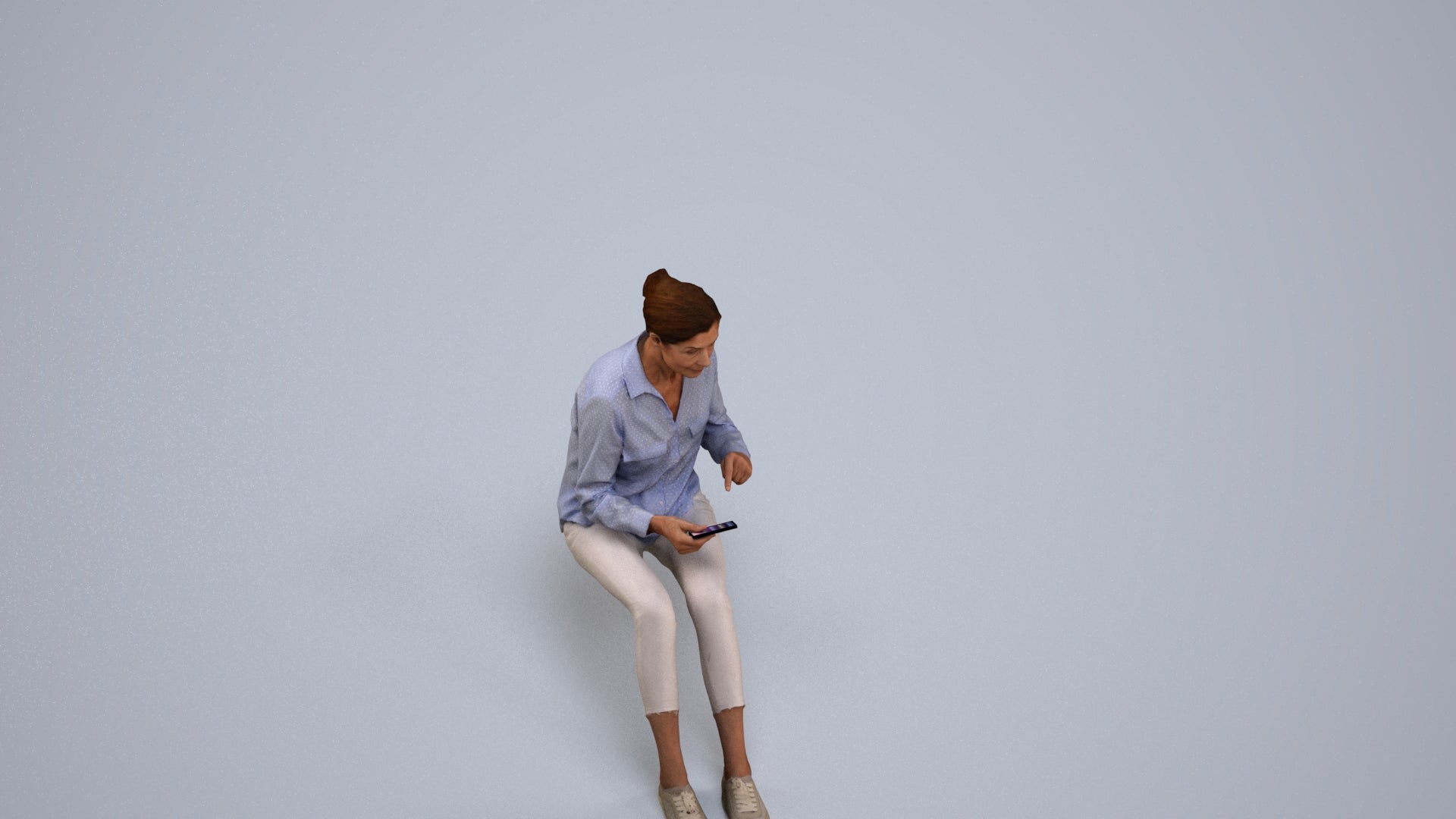 3D scanned senior woman sitting casual, photorealistic archviz people for Enscape and SketchUp, back view render
