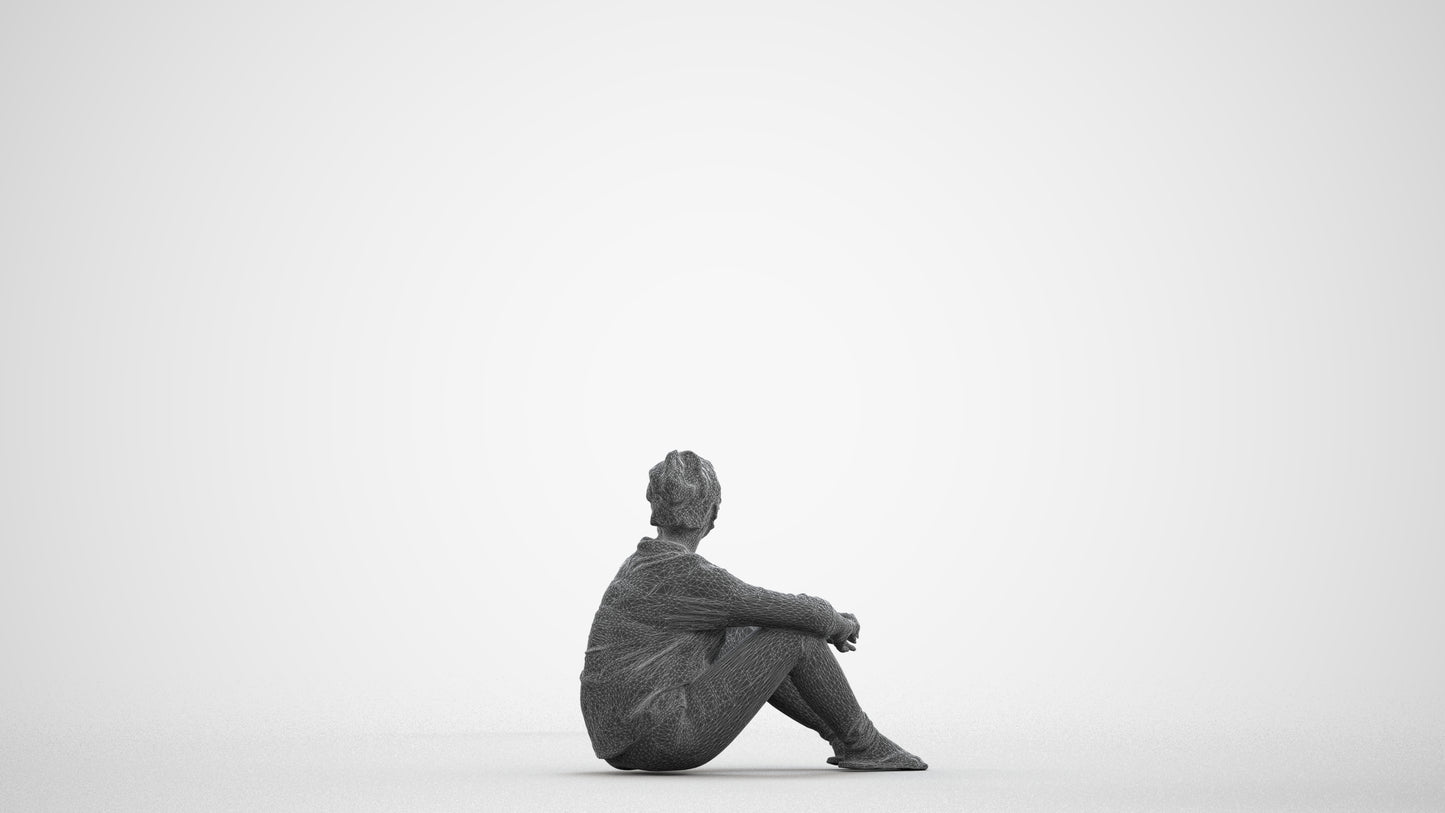 photogrammetry 3D woman casual sitting, realistic human model archviz FBX, wireframe front view